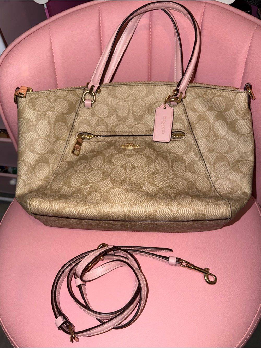 Coach Beige Signature Prairie Satchel with Pink Leather Trim